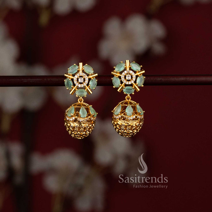 Sasitrends festive wear mint American Diamond matte gold plated earrings with circular floral top and layered dome jhumka structure