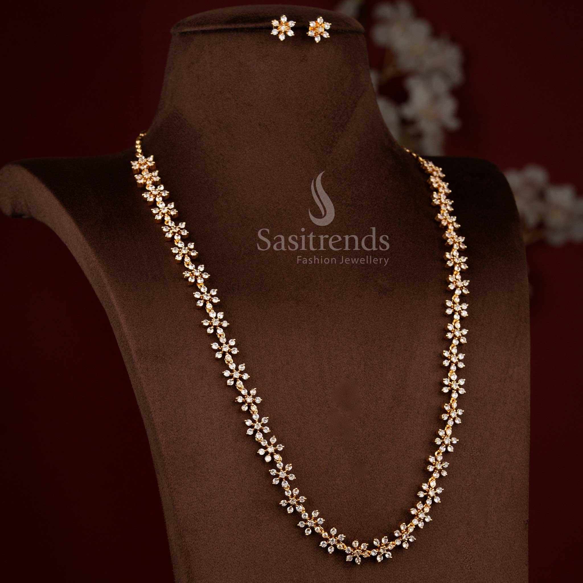 Amazing Micro Gold Plated Floral Short & Long Necklace Jewellery Set with American Diamond Stones | One Gram Guaranteed Festive Wear - Sasitrends