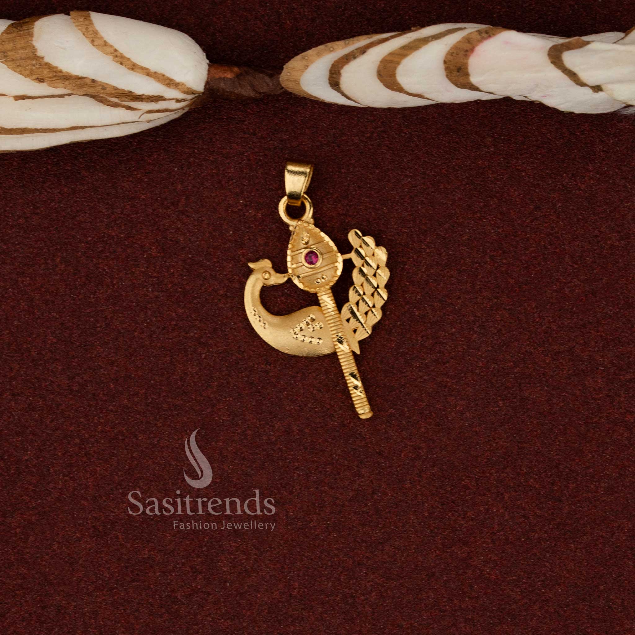 Sasitrends elegant 24K micro gold plated ethnic peacock vel forming pendant crafted with refined temple inspired design for cultural occasions