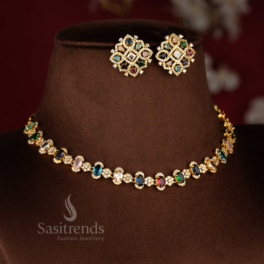 Sasitrends elegant Navarathna American Diamond matte gold plated oval link wedding necklace jewellery set displayed with matching geometric structured stud earrings