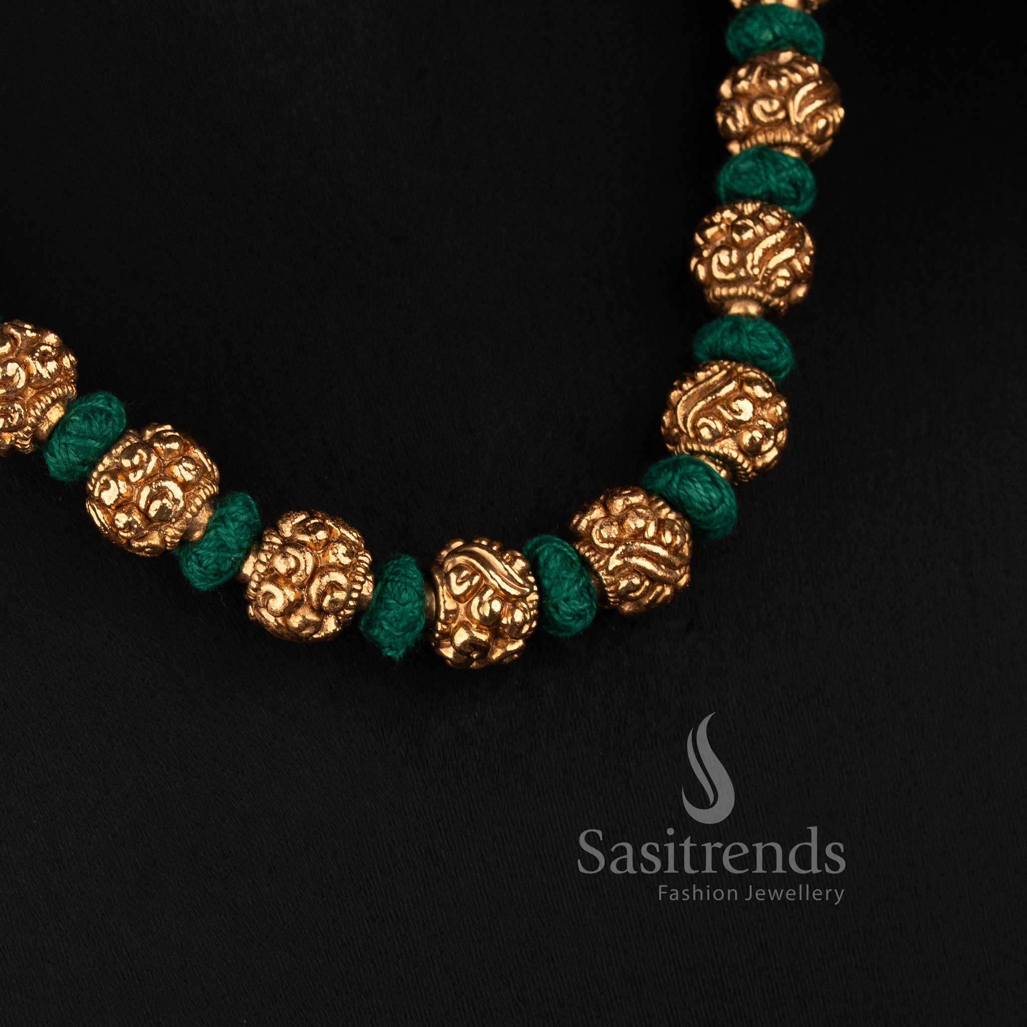 Sasitrends elegant antique gold plated golden bead mala floral necklace set with round bead thread design
