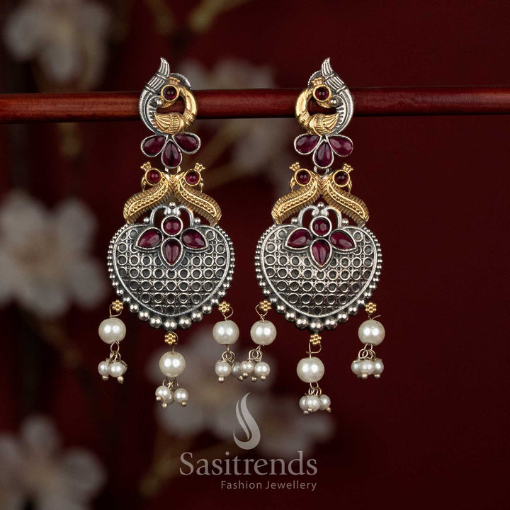 Heritage Antique 92.5 Oxidised Silver Plated Dual Tone Peacock Motif Heart Design Monalisa Stone Earrings with Pearl Hangings
