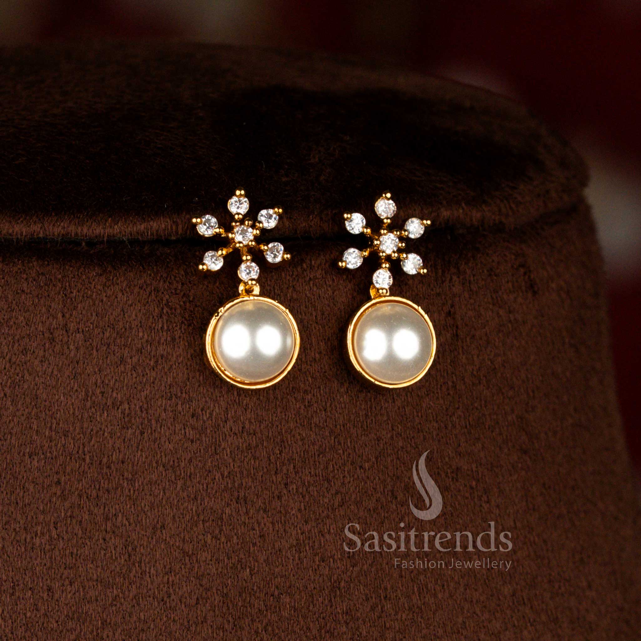 Minimal bridal pearl necklace set with matte gold plated white American Diamond floral links in matte gold finish