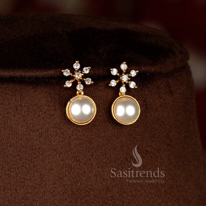 Minimal bridal pearl necklace set with matte gold plated white American Diamond floral links in matte gold finish