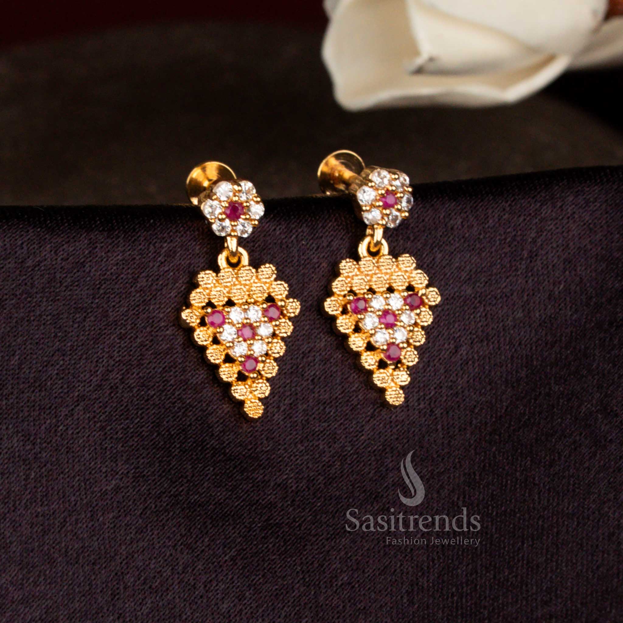 Sasitrends one gram gold look floral drop earrings crafted with white ruby AD stone micro gold plating and layered cluster pattern