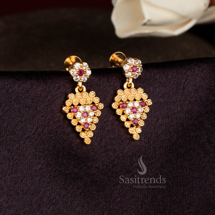 Sasitrends one gram gold look floral drop earrings crafted with white ruby AD stone micro gold plating and layered cluster pattern