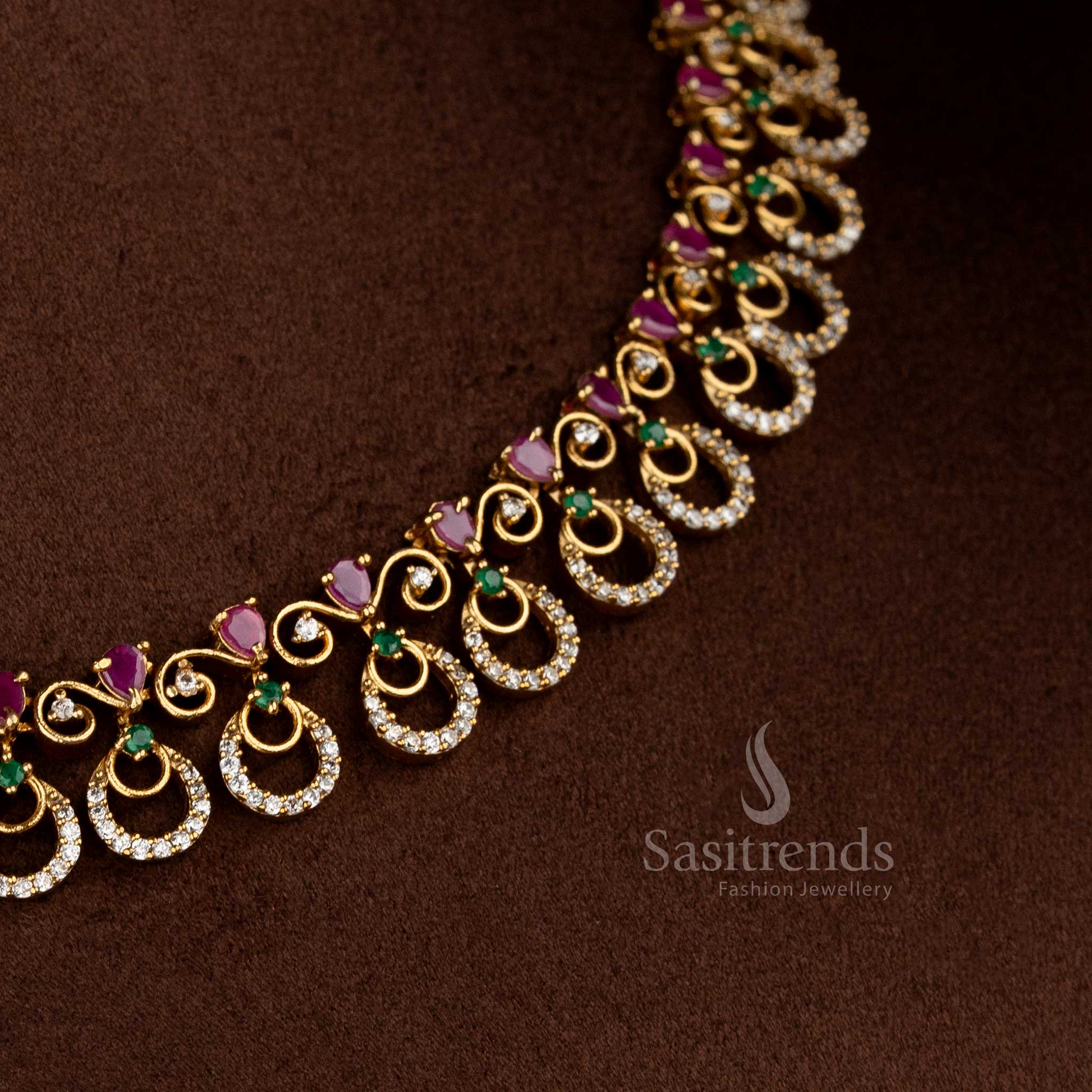 Sasitrends elegant crescent motif multi American Diamond necklace jewellery set for festive saree wear