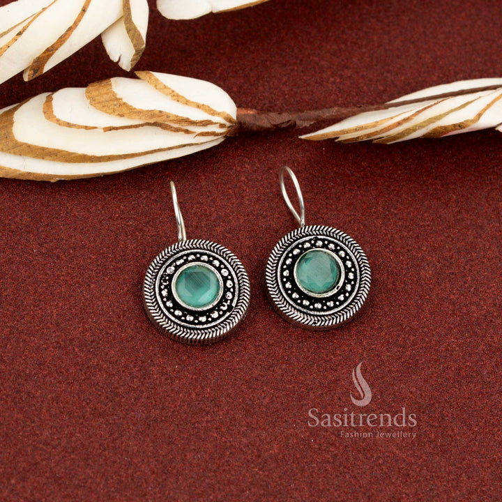 Sasitrends simple oxidised silver plated mint round stone earrings for daily and office wear
