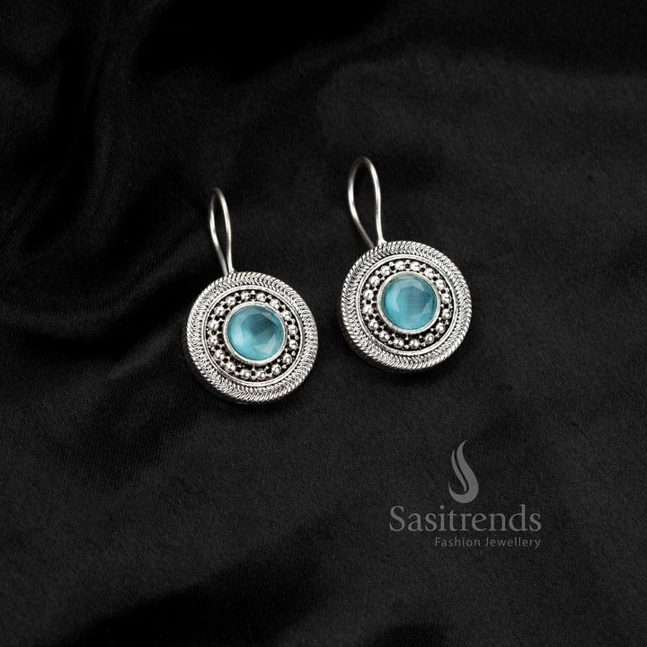 Beautifully Crafted Oxidised Silver Plated Round Natural Stone Minimal Drop Earrings for Daily, Office & Casual Wear