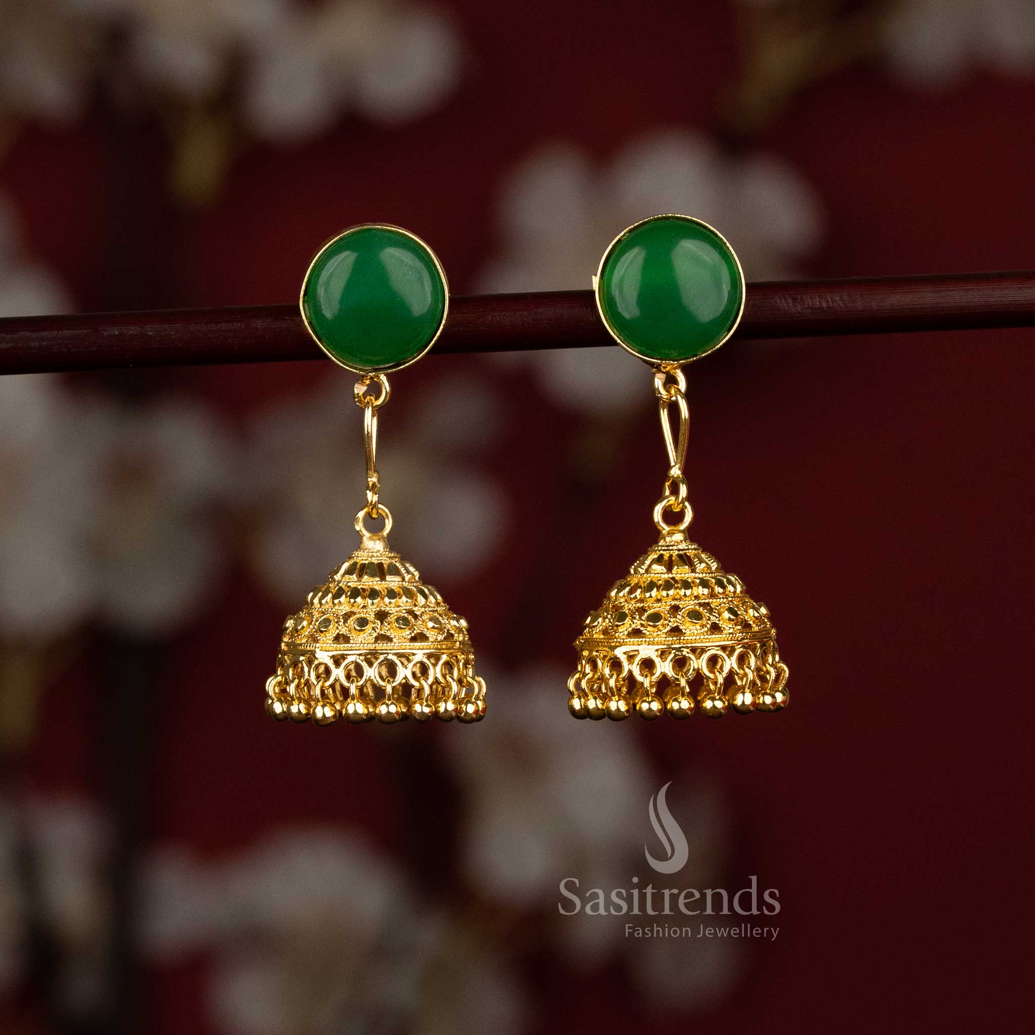 Sasitrends elegant gold plated green round motif jhumka earrings designed with circular motif stud and traditional jhumka bell structure suitable for stylish outfit pairings