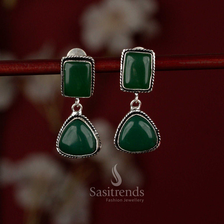 Sasitrends elegant green oxidised Monalisa stone two-tier geometric dangler earrings featuring a refined square stud connected to a triangular drop frame, beautifully finished with subtle pearl accents for casual meetups and stylish everyday wear.