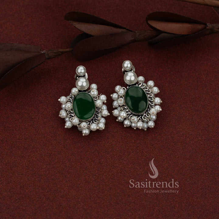 Sasitrends elegant green oxidised silver stud earrings featuring a double pearl top and oval cluster design for coffee dates and brunch outings