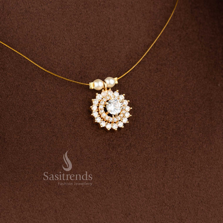 Sasitrends elegant invisible American diamond 24K micro gold plated pendant necklace crafted with pearl bead chain design for festive styling and cultural attire