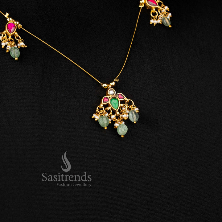 Sasitrends elegant jadau 24K gold plated invisible chain necklace designed with intricate motifs and pearl accents ideal for saree styling and cultural attire