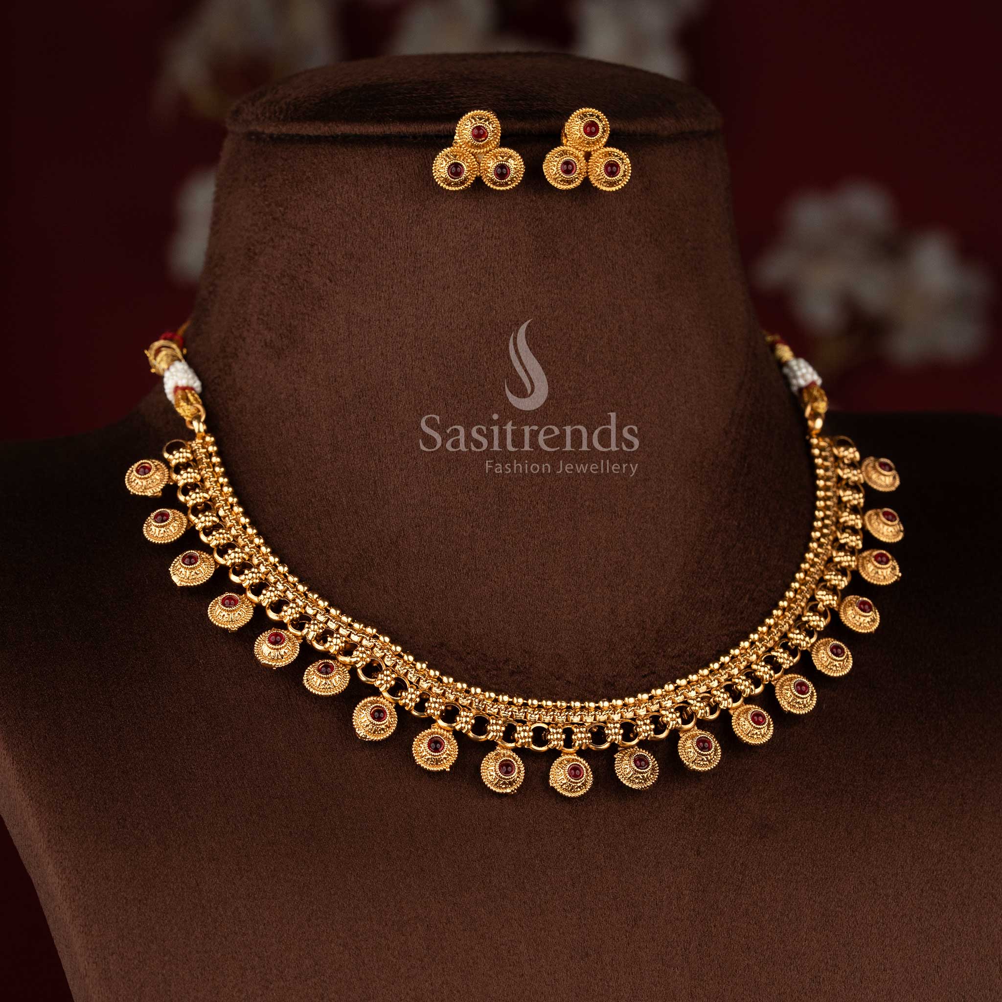 Sasitrends elegant matte gold plated necklace jewellery set featuring flexible chain construction with round motif center and decorative beaded drop elements for traditional styling