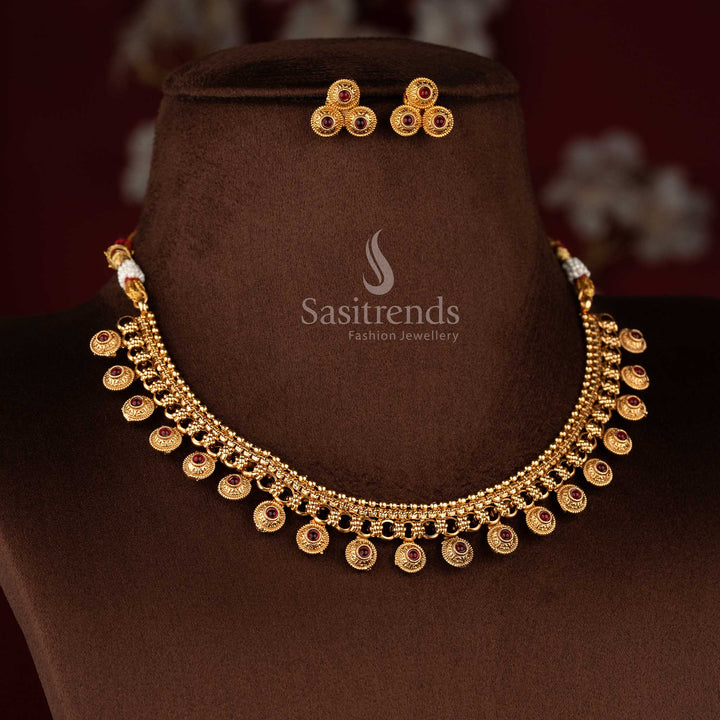 Sasitrends elegant matte gold plated necklace jewellery set featuring flexible chain construction with round motif center and decorative beaded drop elements for traditional styling