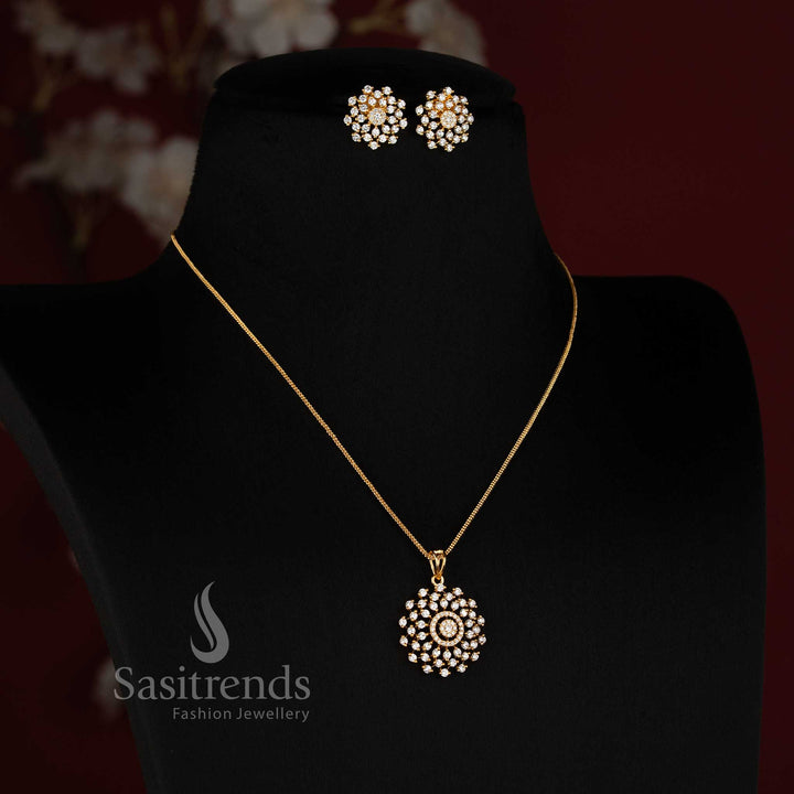 Sasitrends Micro Gold Plated American Diamond circular pendant chain necklace set with central motif and matching round stud earrings for reception and festive occasions