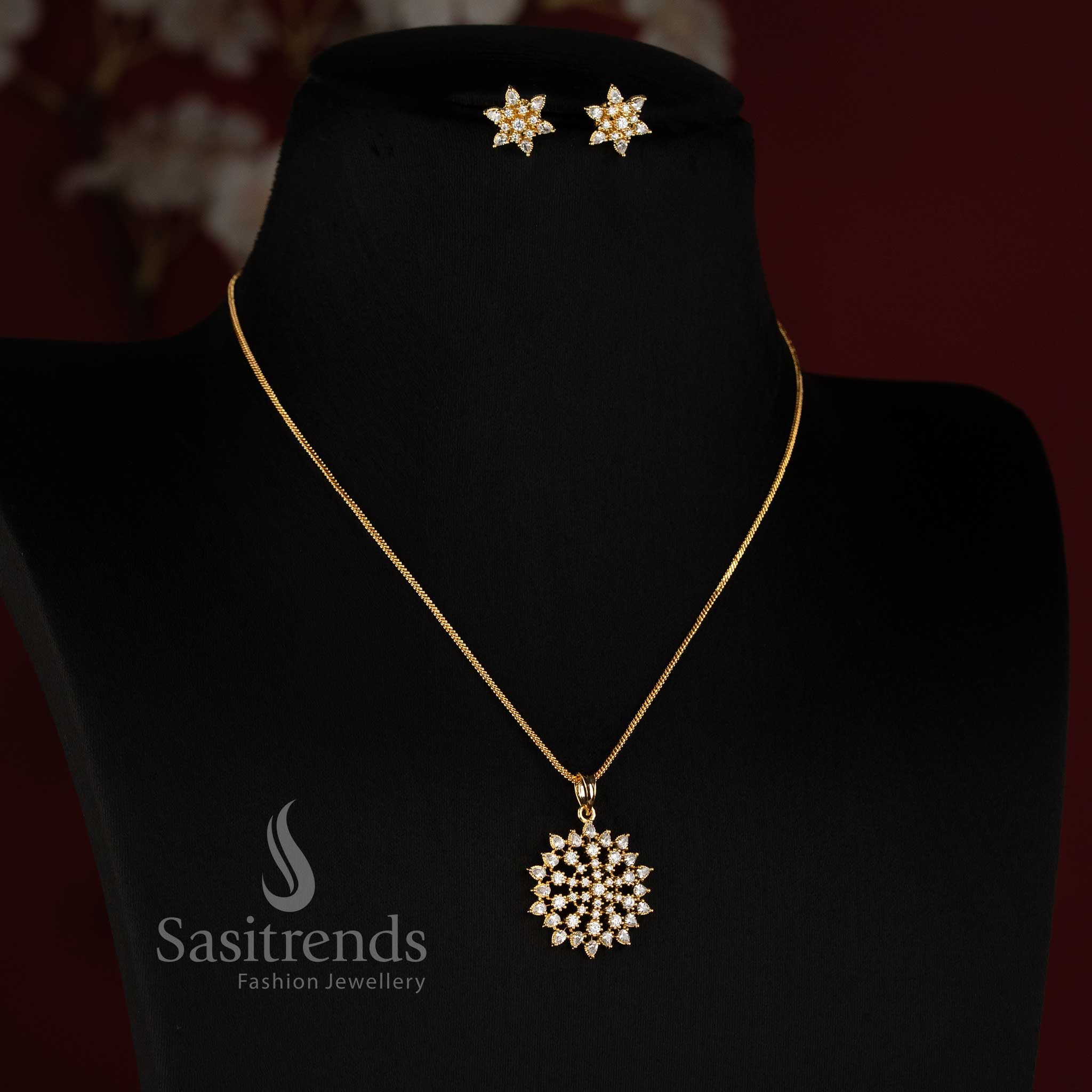 Sasitrends elegant Micro Gold Plated American Diamond floral cluster pendant chain necklace set with matching stud earrings for reception and special occasion wear