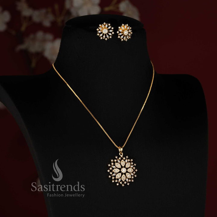 Sasitrends elegant Micro Gold Plated American Diamond floral cluster pendant chain necklace set with matching stud earrings for reception and festive occasions