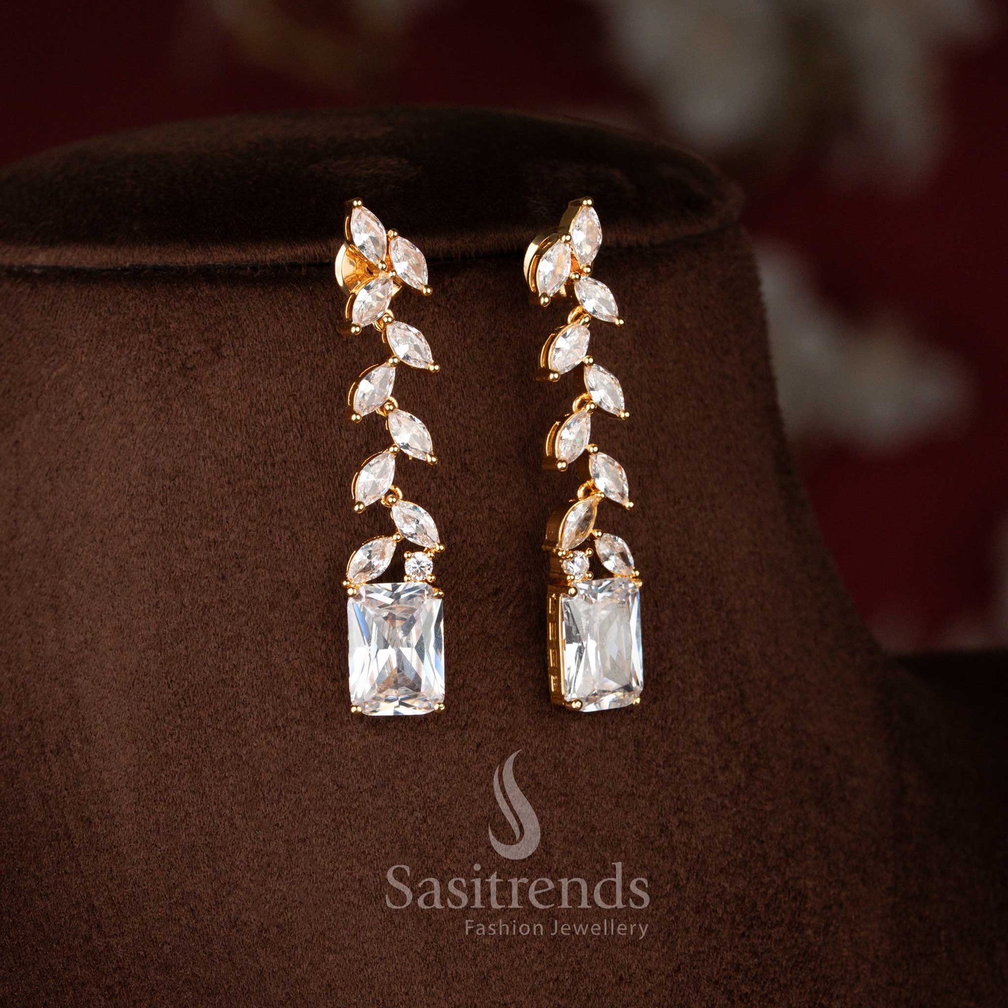 Sasitrends statement micro gold plated white American Diamond long necklace set designed with elegant leaf sequence and polished finish