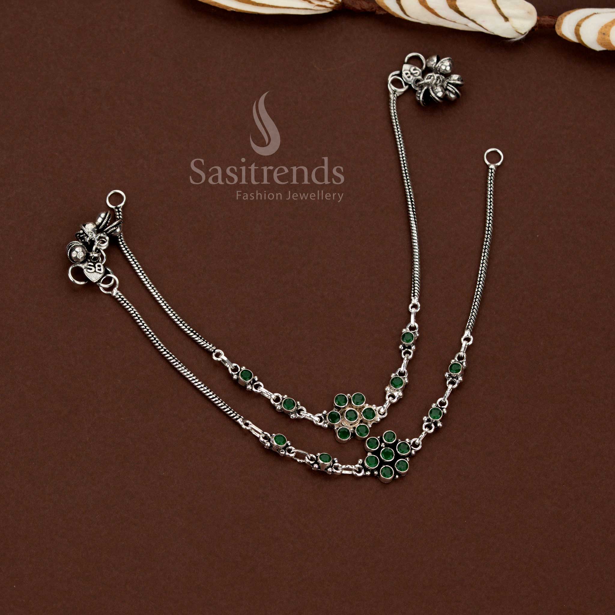 Sasitrends elegant oxidised flower design link chain green anklets with a modern ethnic appeal