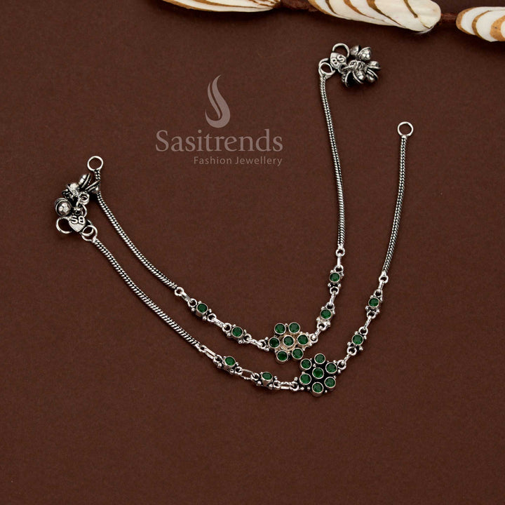Sasitrends elegant oxidised flower design link chain green anklets with a modern ethnic appeal