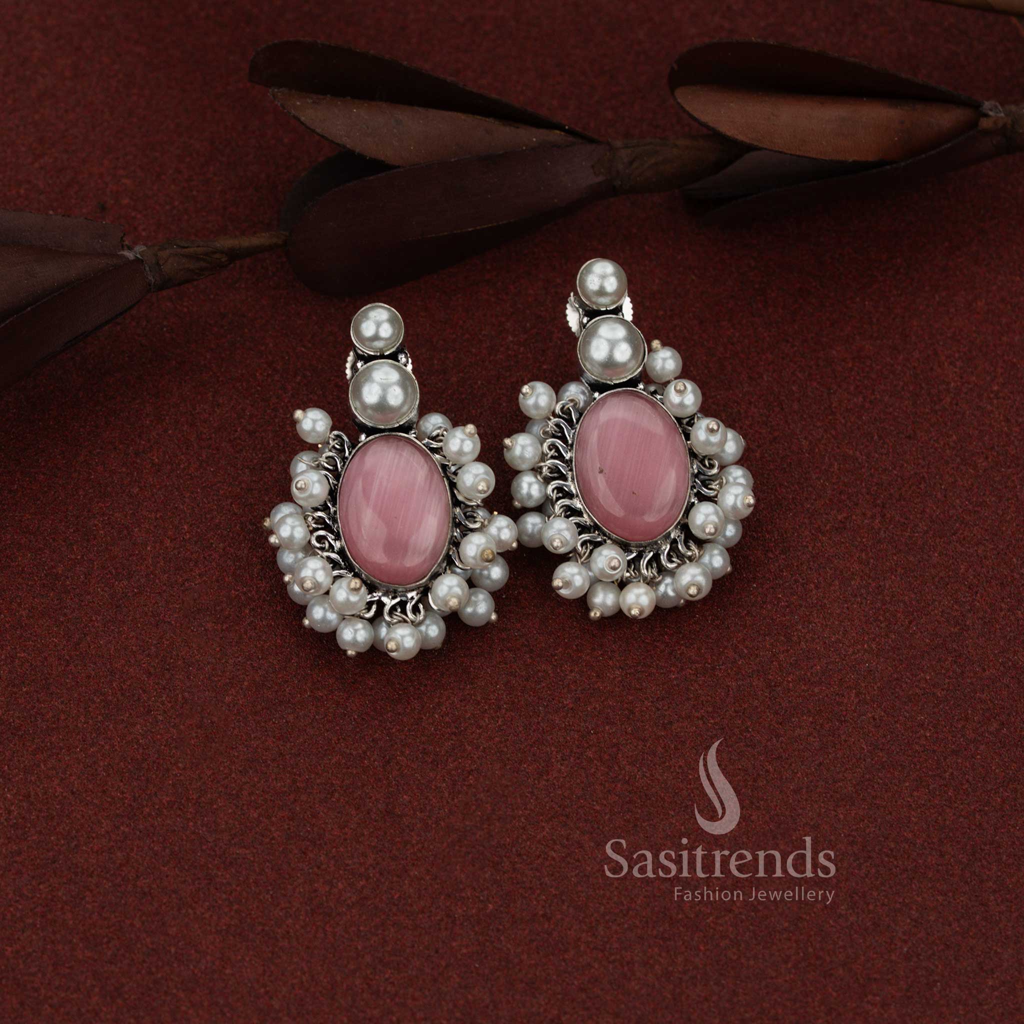 Sasitrends elegant oxidised silver pink stud earrings featuring a double pearl top and oval cluster design for coffee dates and brunch outings