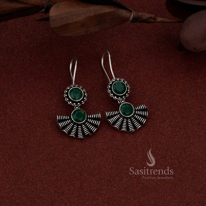 Sasitrends elegant oxidised silver earrings crafted with round shell green stone and comfortable fish hook style