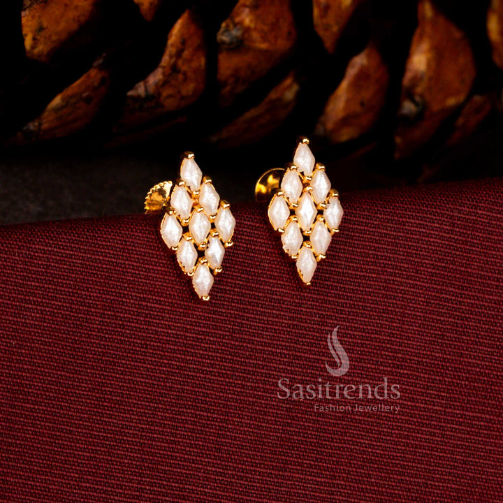 Sasitrends elegant micro gold plated pearl rhombus silhouette earrings crafted with precision set stones and a radiant 24K gold look finish ideal for festive, wedding and party styling.