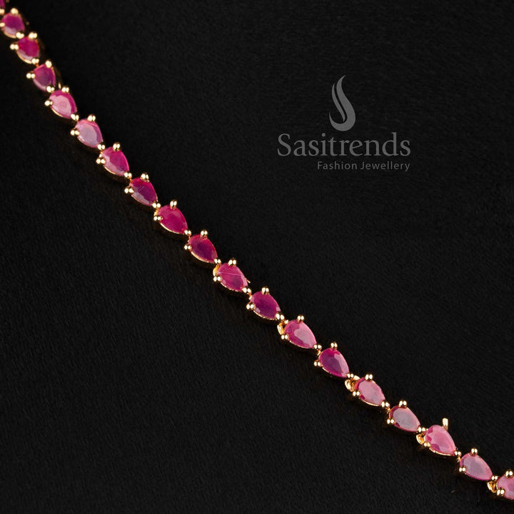 Sasitrends micro gold plated ruby American diamond party wear necklace set featuring linked drop pattern and sparkling finish 