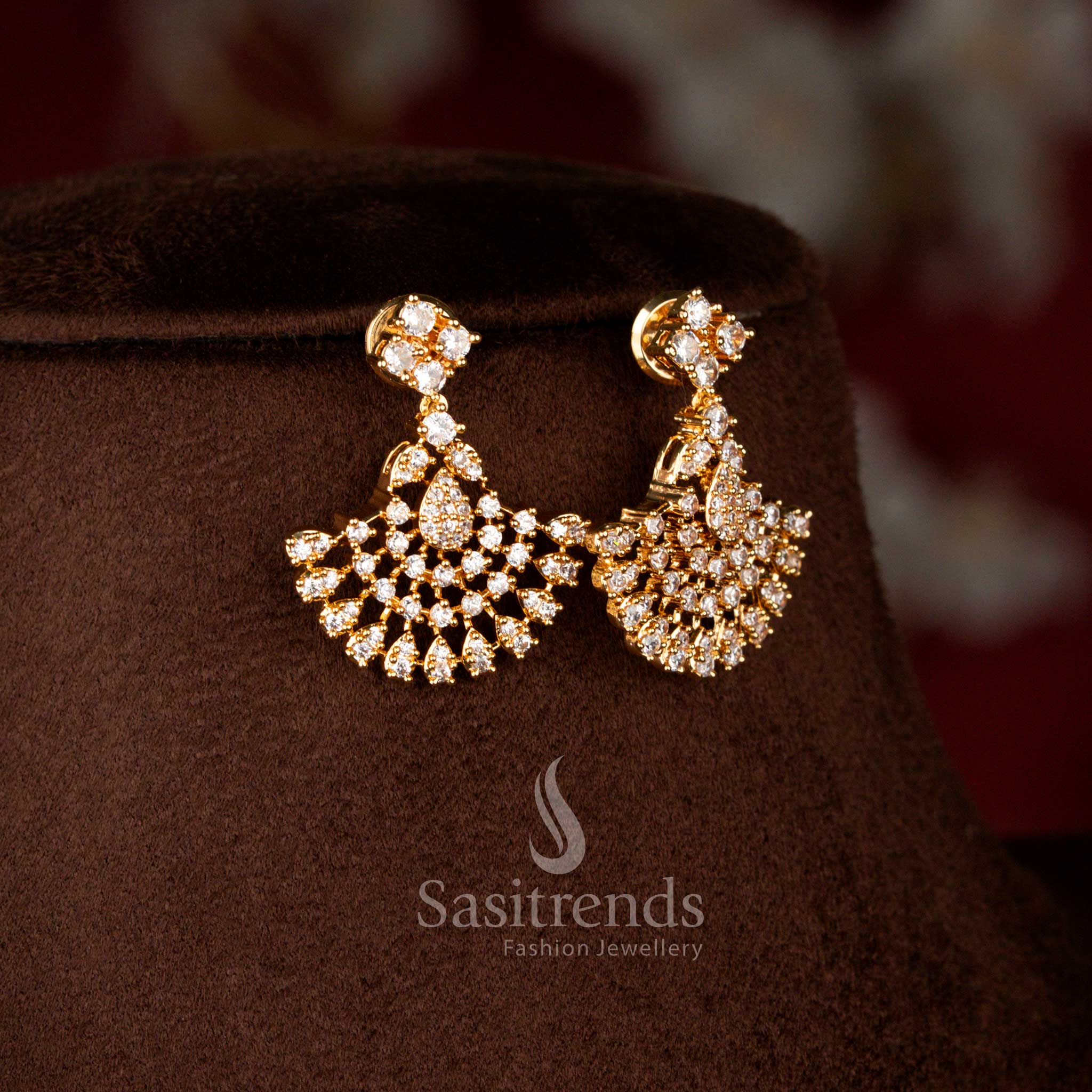 Sasitrends micro gold plated white American Diamond necklace set showcasing layered arc pendant and refined chain detailing