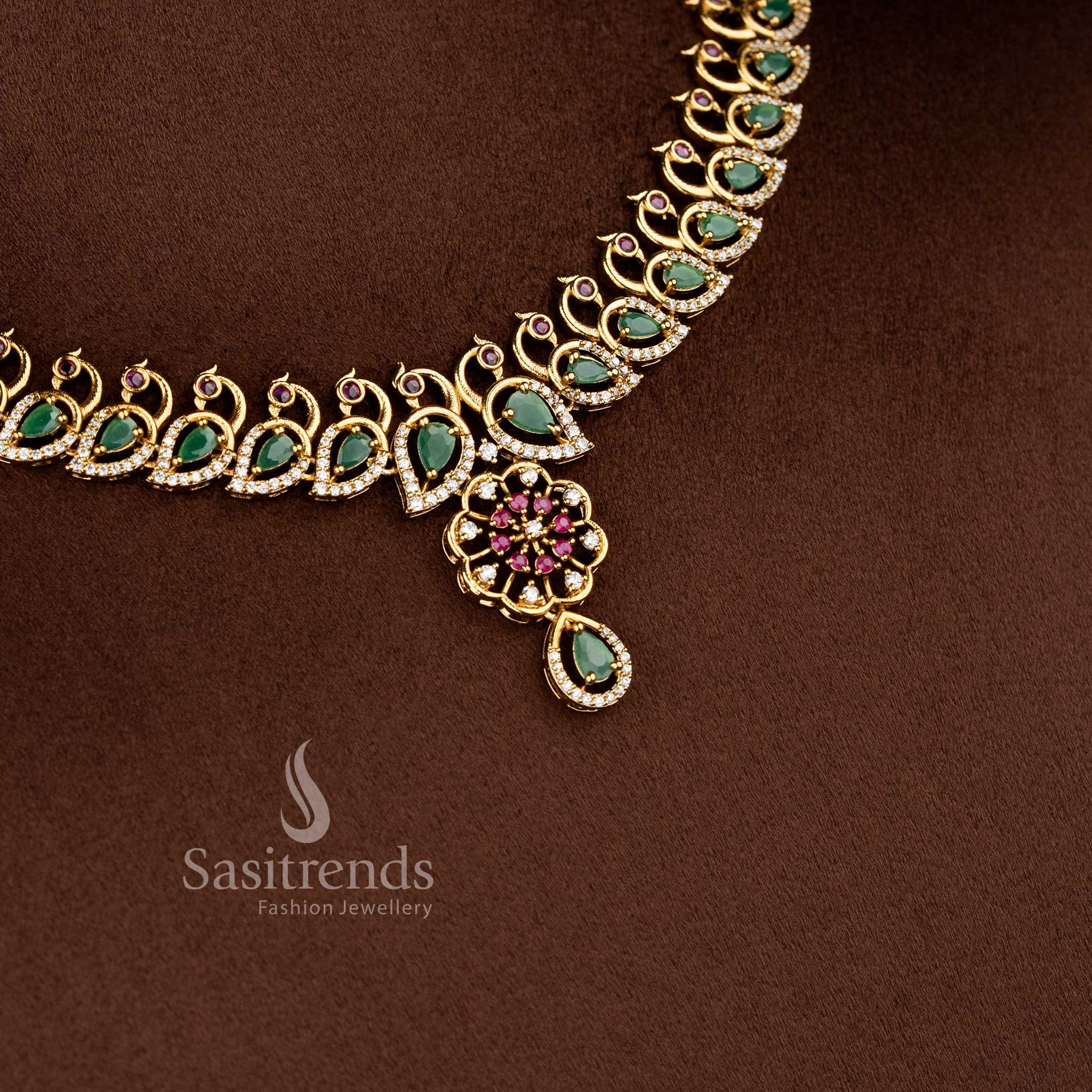 Sasitrends designer temple matte gold plated style necklace jewellery set with detailed peacock pattern and teardrop motif