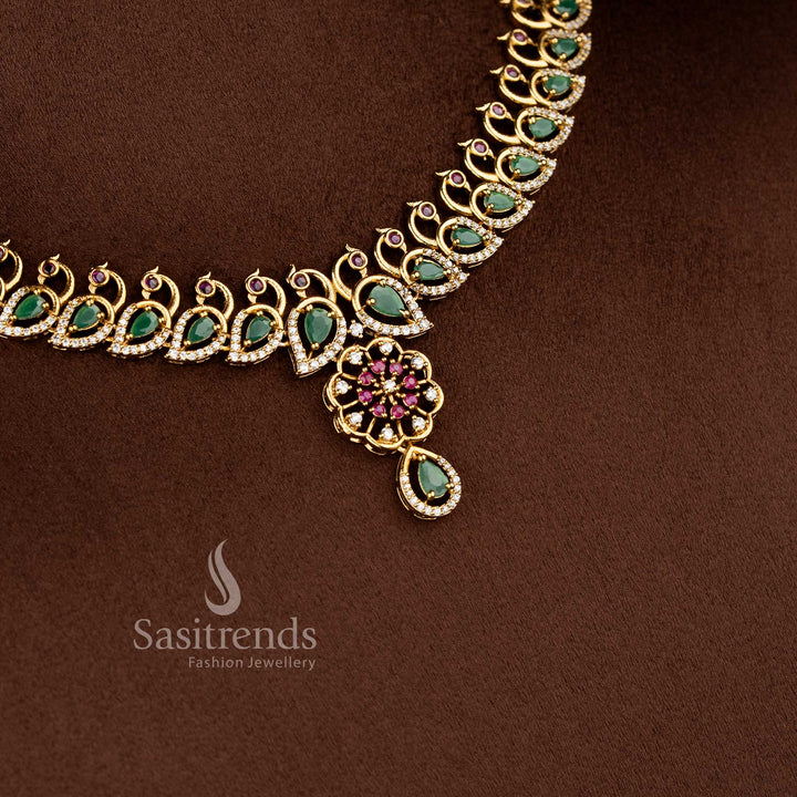 Sasitrends designer temple matte gold plated style necklace jewellery set with detailed peacock pattern and teardrop motif