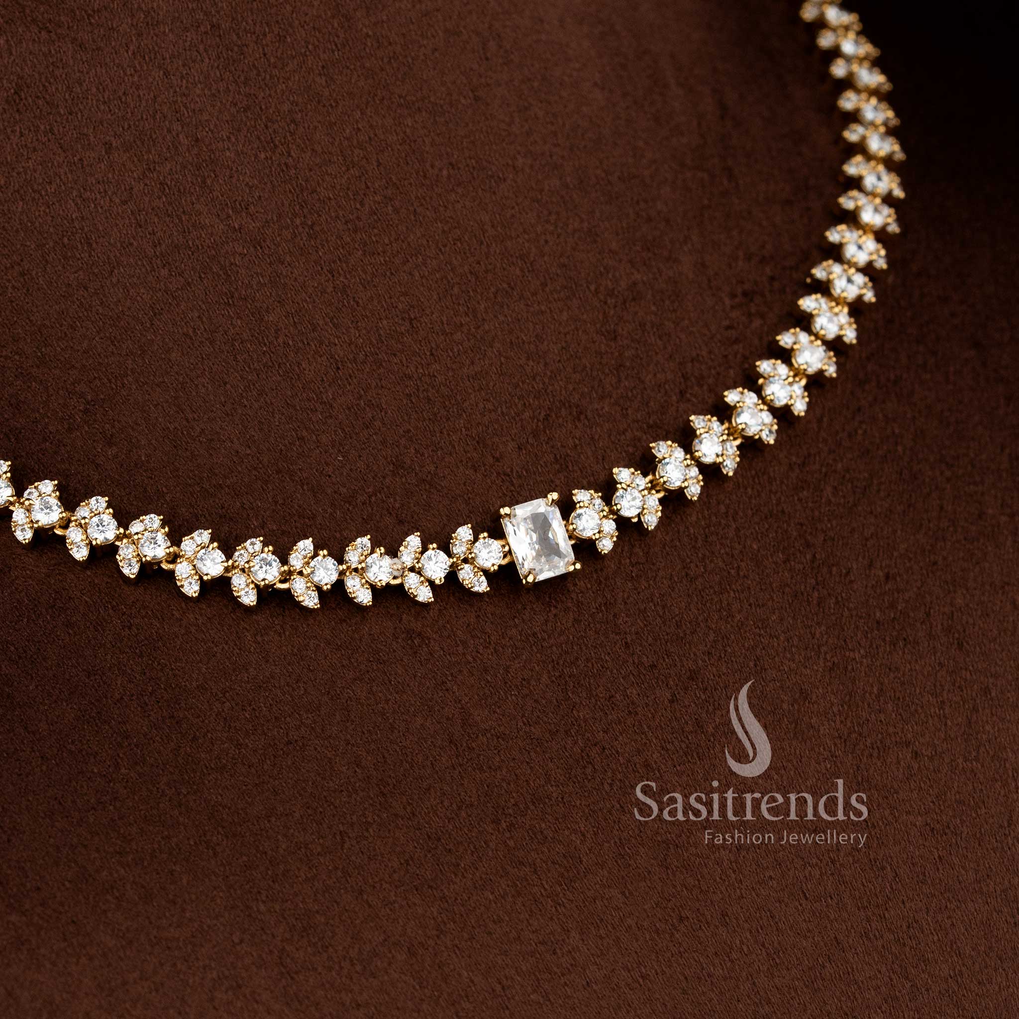 Sasitrends elegant white American Diamond necklace set featuring sparkling floral stone links and centre square diamond design