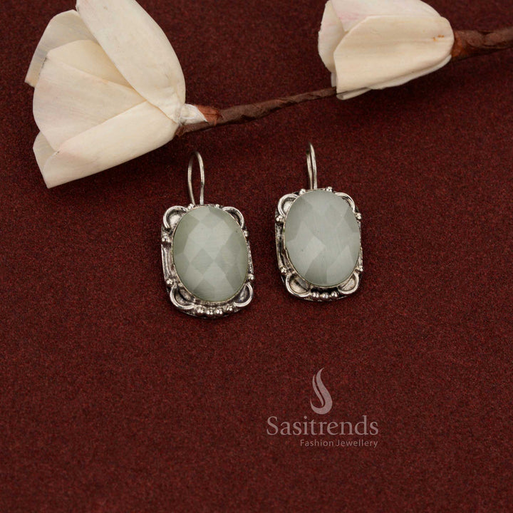 Sasitrends elegant white oxidised German silver earrings featuring oval faceted stone with floral frame suitable for office wear