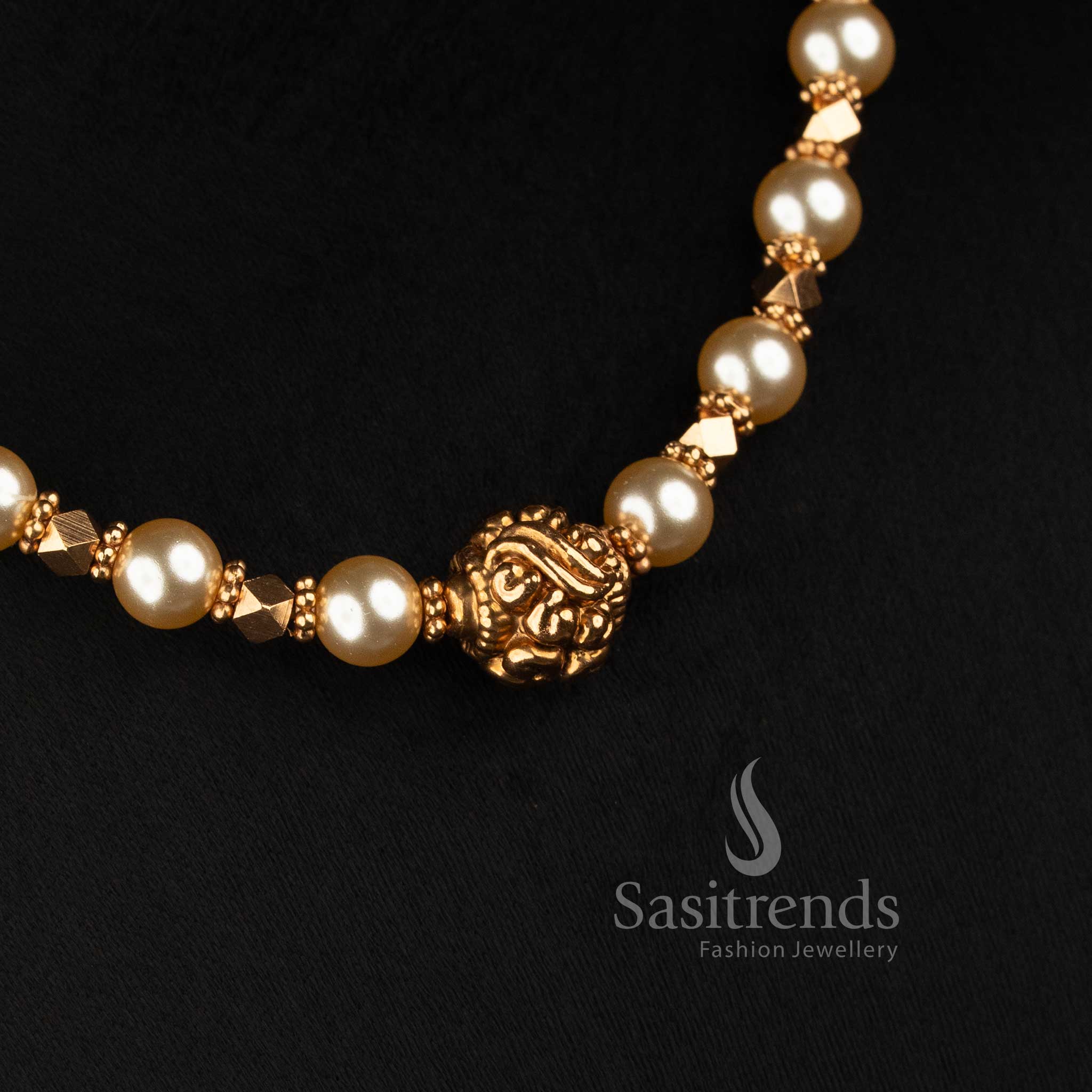 Sasitrends elite antique gold plated traditional pearl bead necklace set with intricate floral motif and temple-inspired detailing