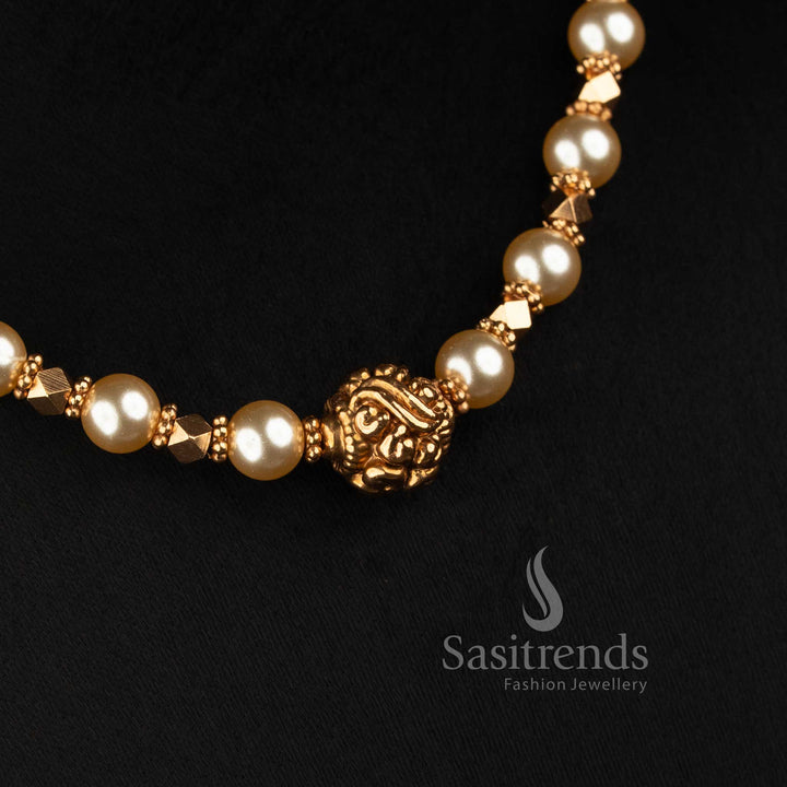 Sasitrends elite antique gold plated traditional pearl bead necklace set with intricate floral motif and temple-inspired detailing