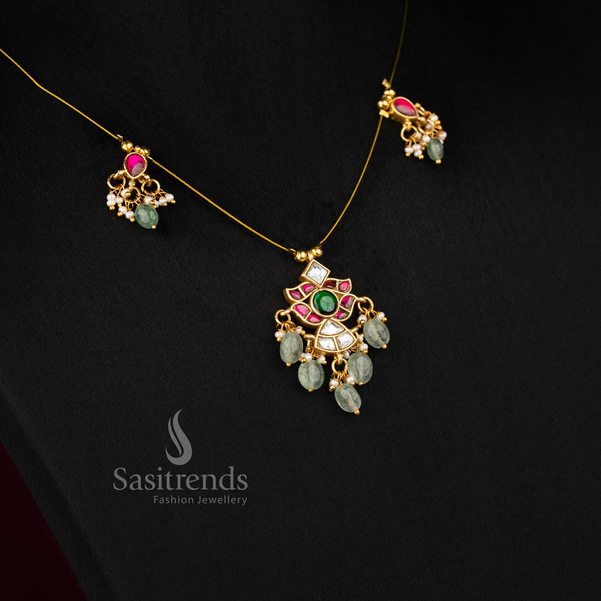 Sasitrends ethnic elegance jadau 24K gold plated invisible chain necklace crafted with refined motif design and pearl detailing perfect for traditional jewellery styling