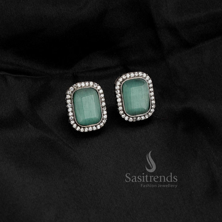 Sasitrends oxidised rectangular halo stud earrings with smooth mint Monalisa stone for daily wear