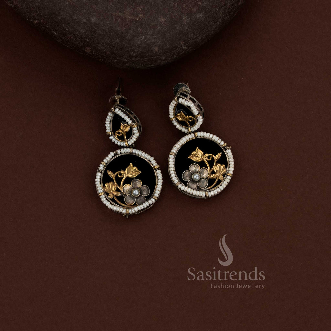 Sasitrends oxidised German silver circular floral black motif drop earrings with pearl border frame