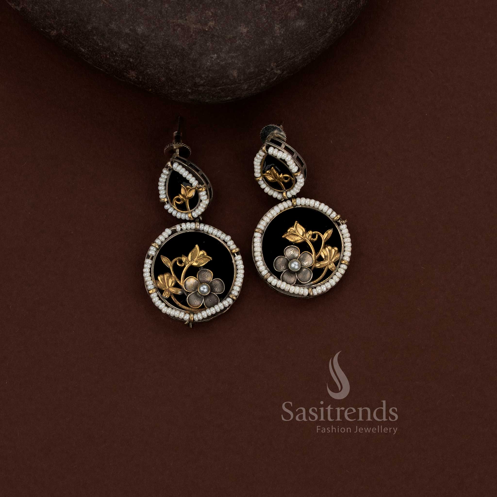 Sasitrends oxidised German silver circular floral black motif drop earrings with pearl border frame