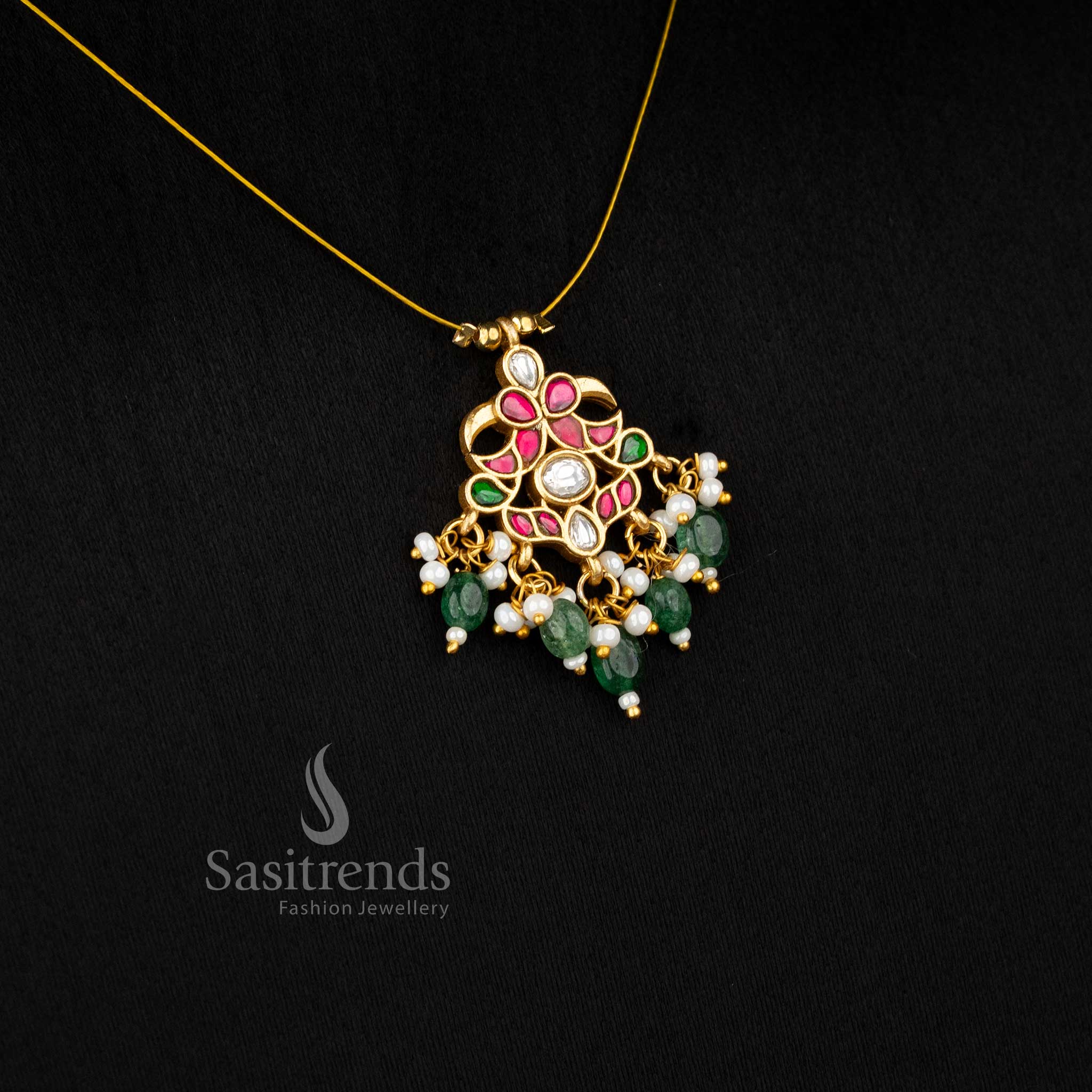 Sasitrends ethnic jadau 24K gold plated floral invisible chain necklace featuring detailed motif design and pearl touch crafted for elegant traditional outfits