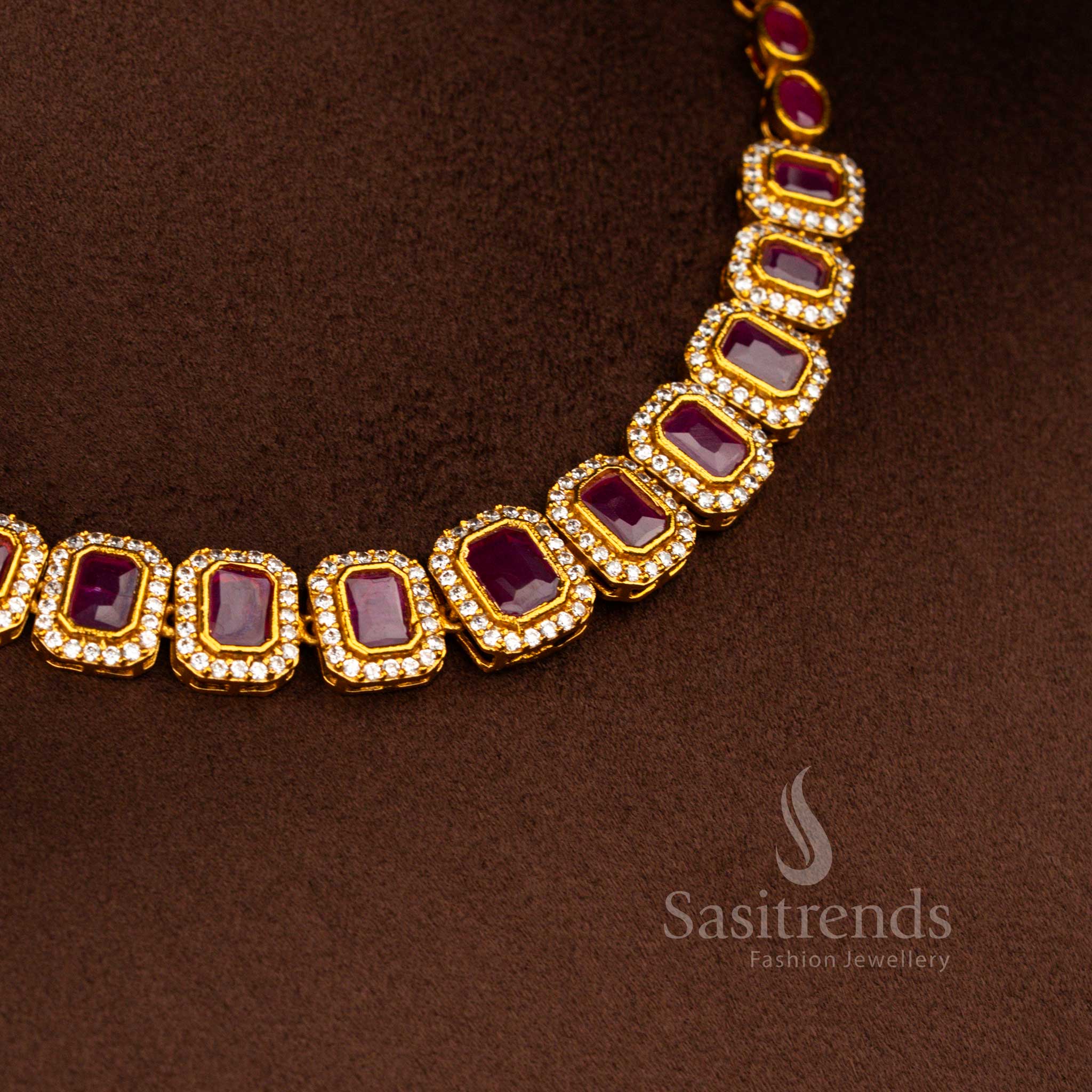 Sasitrends ethnic matte gold plated white ruby American diamond peacock choker necklace jewellery set crafted with elegant peacock detailing and sparkling stones for bridal and wedding wear