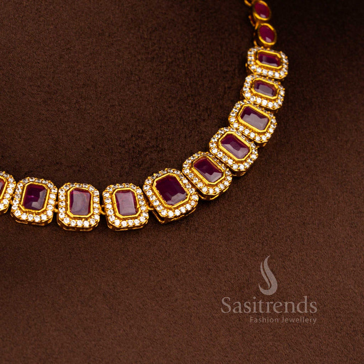 Sasitrends ethnic matte gold plated white ruby American diamond peacock choker necklace jewellery set crafted with elegant peacock detailing and sparkling stones for bridal and wedding wear