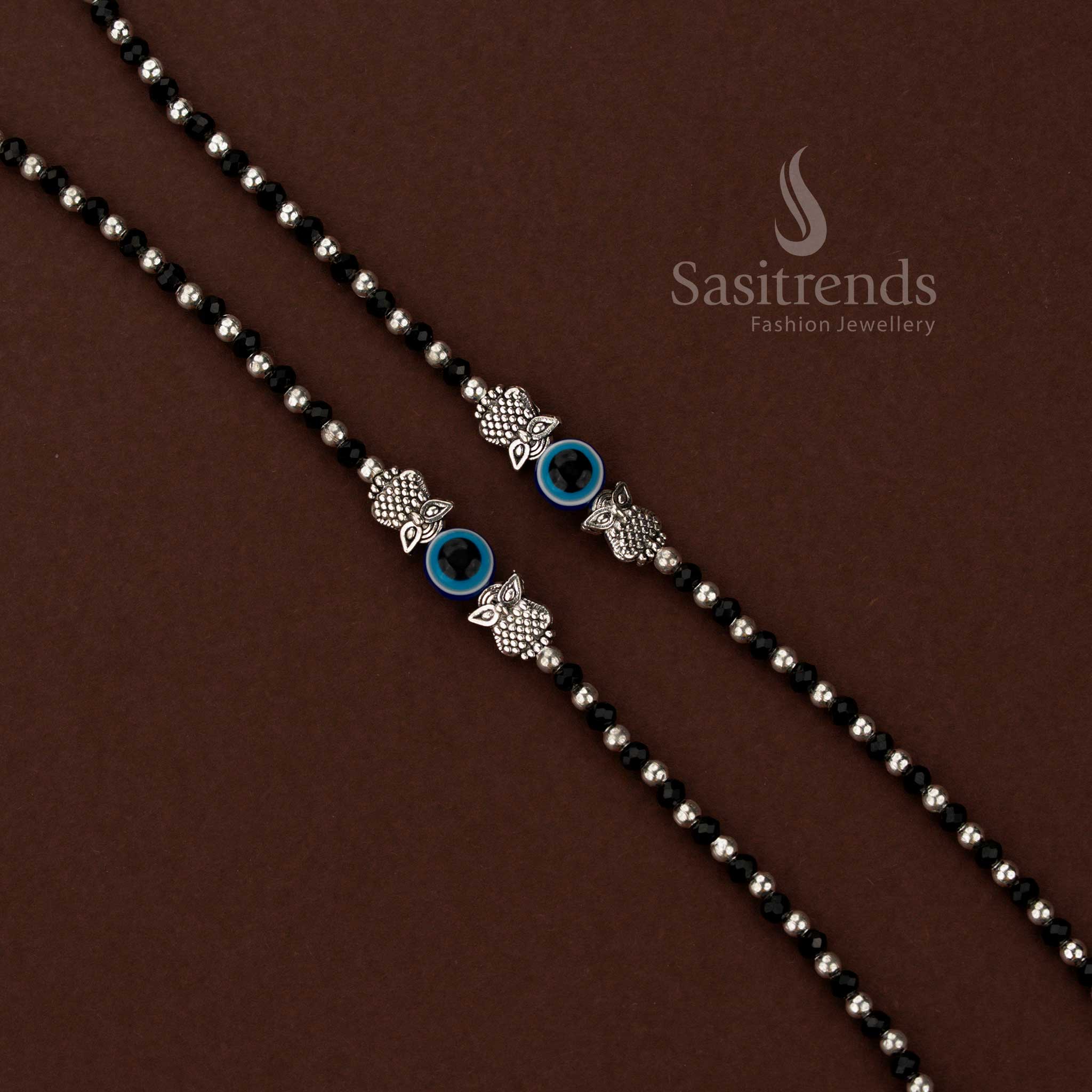 Heritage Oxidised Beaded owl motif Anklets with Blue Eye Centre Charm - sasitrends