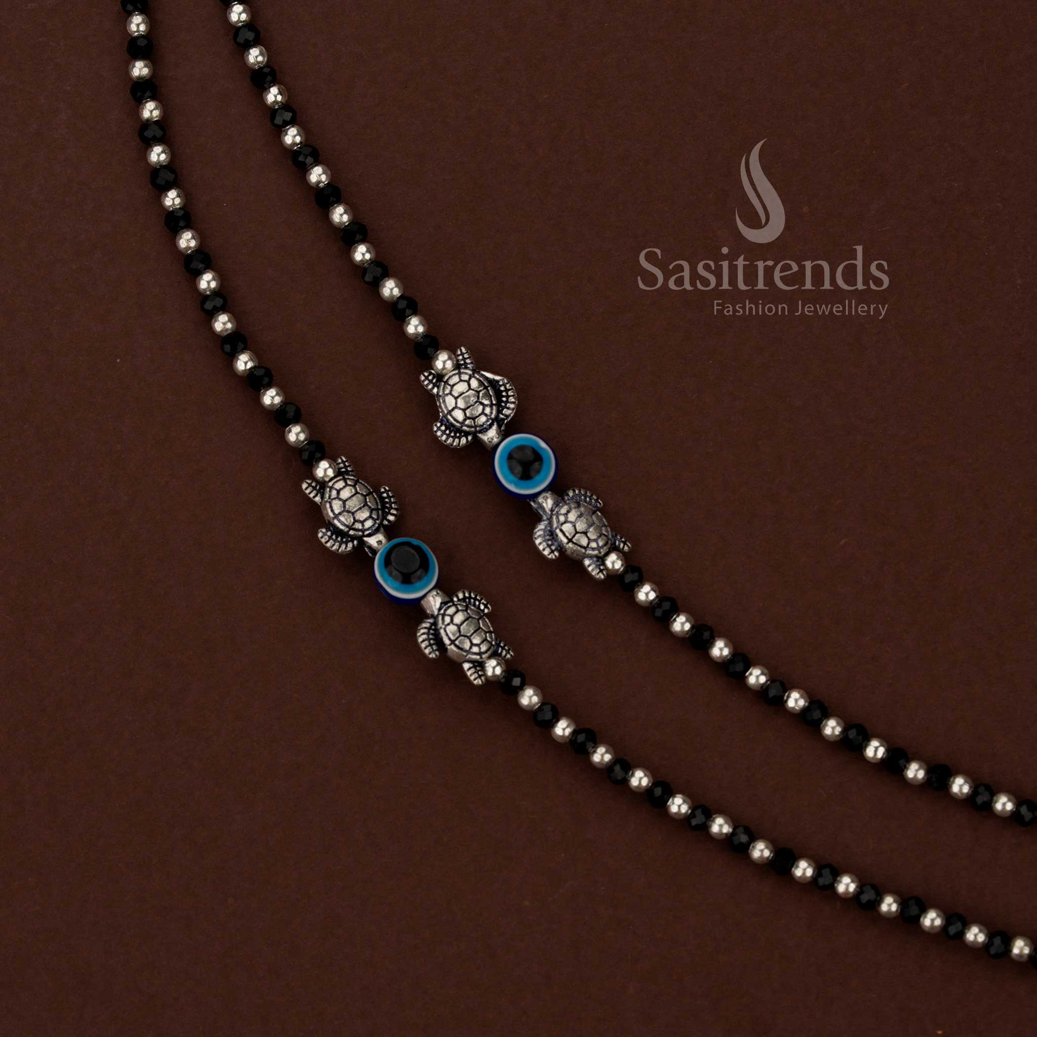 Sasitrends Heritage Oxidised Beaded Anklets with Blue Eye Centre Charm | Turtle Motif