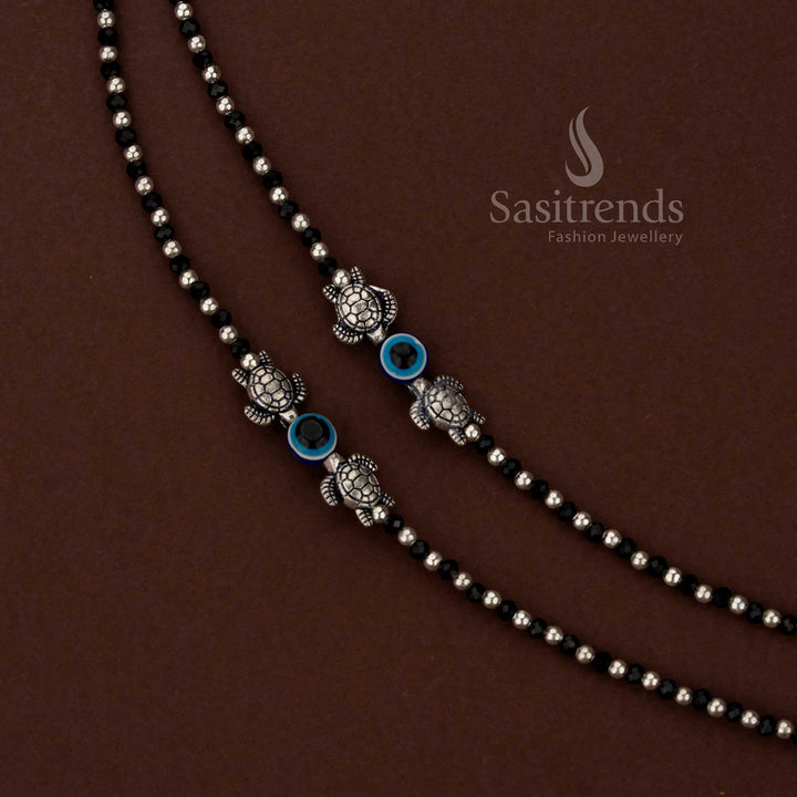 Sasitrends Heritage Oxidised Beaded Anklets with Blue Eye Centre Charm | Turtle Motif