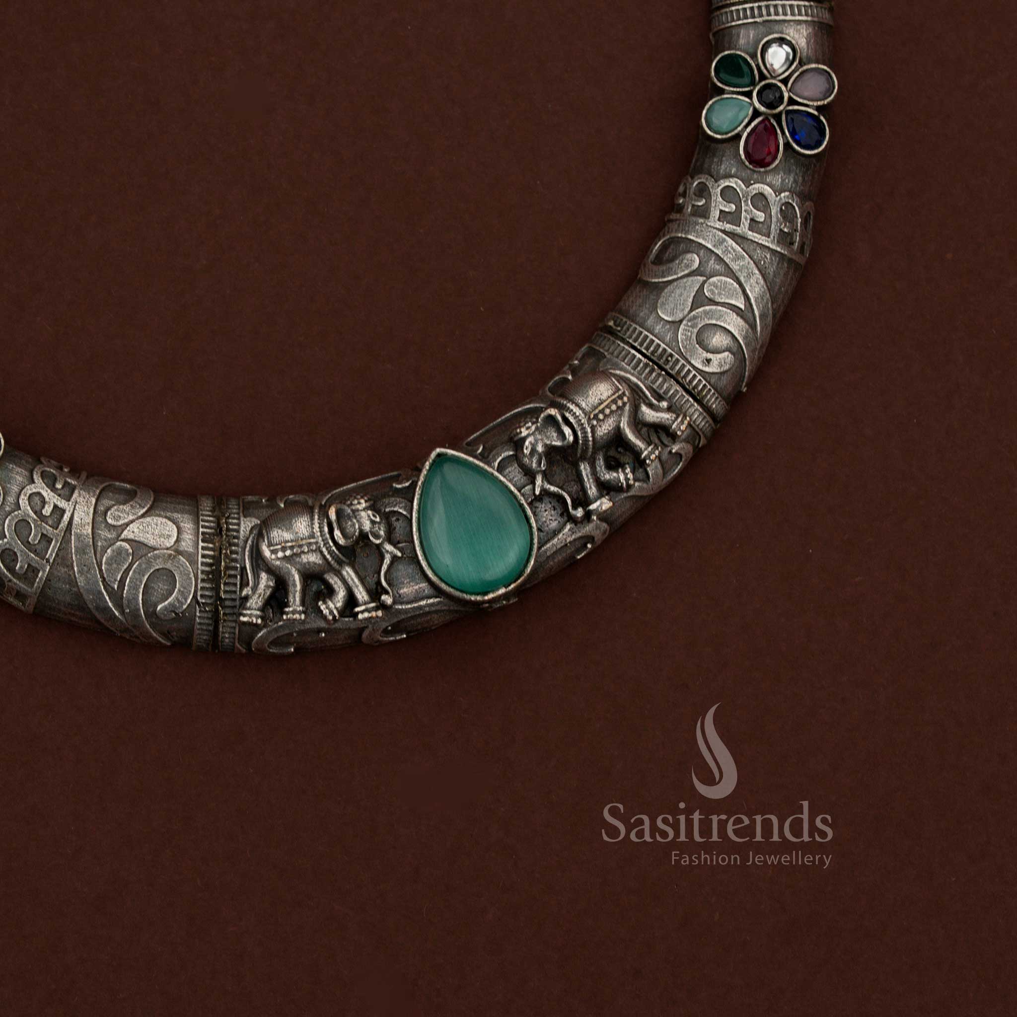 Sasitrends ethnic oxidised mint jewellery set featuring symbolic elephant motif structured in traditional husli necklace pattern