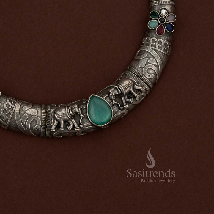 Sasitrends ethnic oxidised mint jewellery set featuring symbolic elephant motif structured in traditional husli necklace pattern