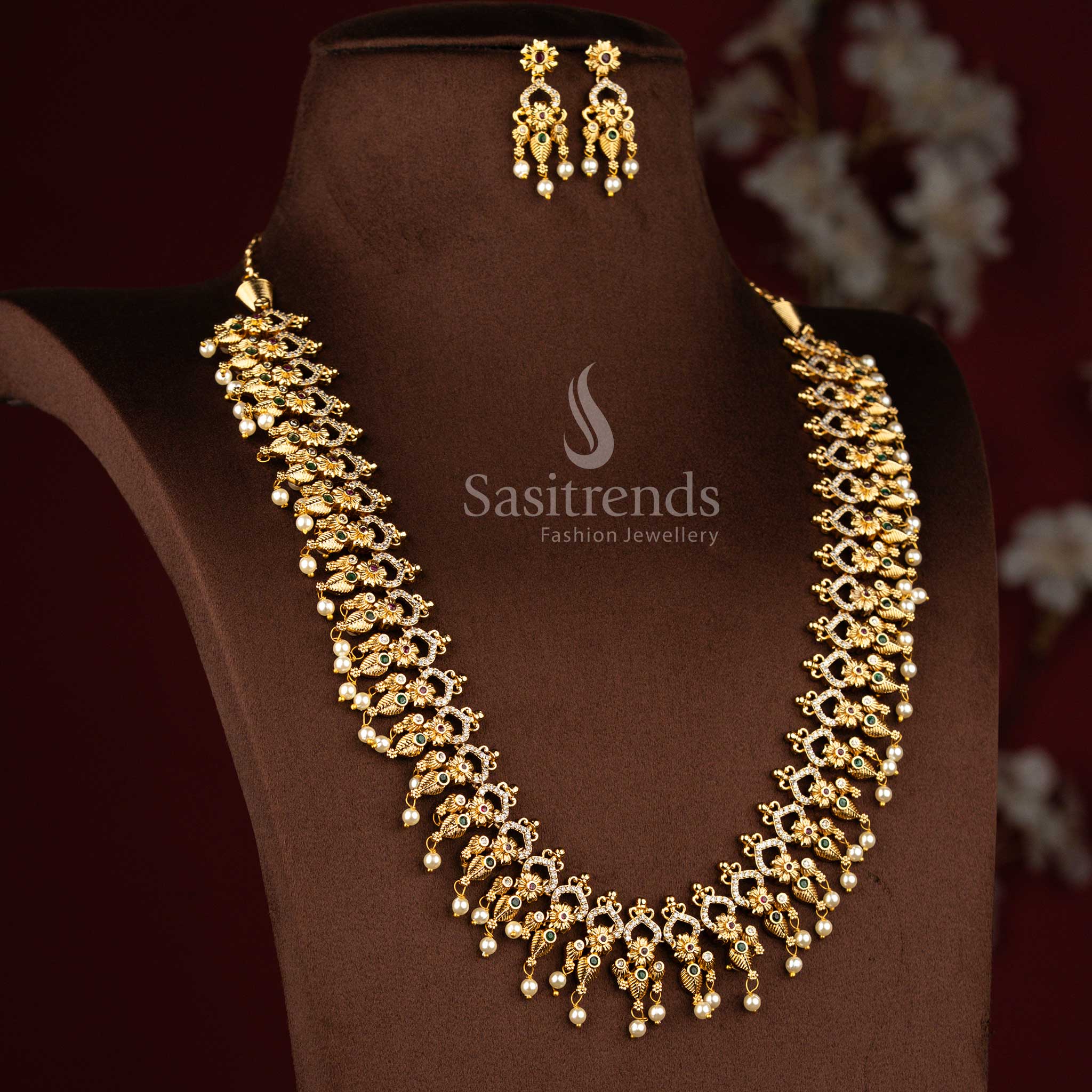 Sasitrends ethnic premium temple matte gold plated floral motif multi American diamond long necklace jewellery set featuring classic craftsmanship for bridal styling, festive occasions and cultural ceremonies